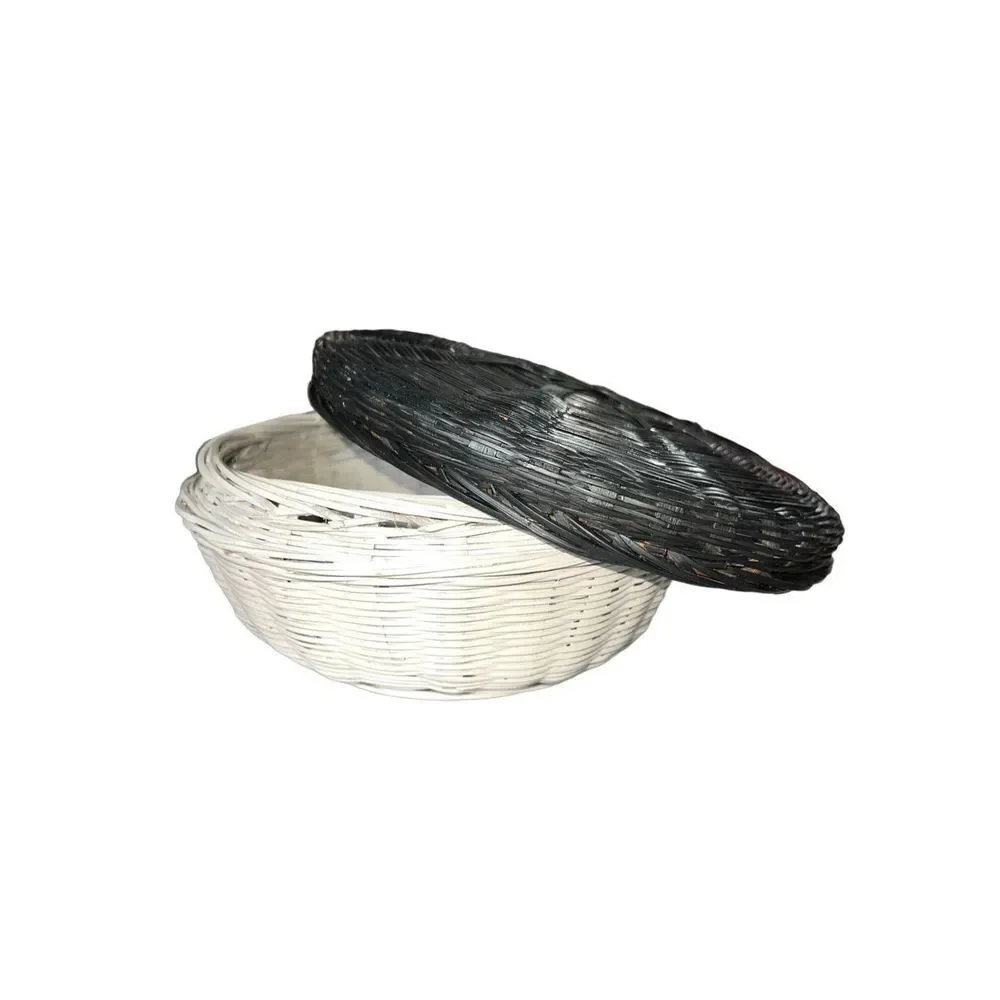 Vintage Black & White Wicker Basket with Lid Round Storage Sewing Box